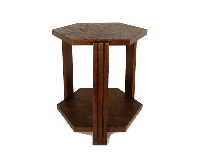 Antique Art Deco Table gorgeous Inlay style on top Patchwork Block style Wood