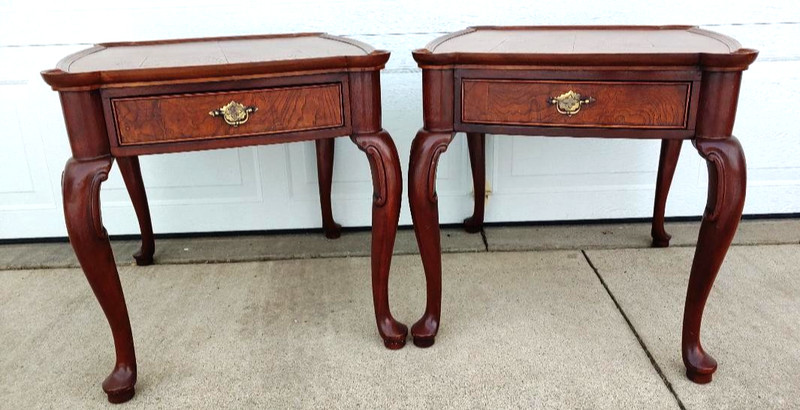 FANTASTIC PAIR OF ELEGANT BURLWOOD SIDE TABLES BY “HEKMAN”, NEAR MINT…