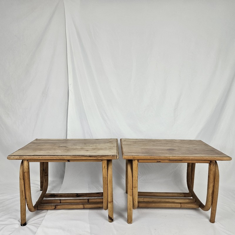 Vintage Bamboo End Table Pair Magazine Rack Boho Rattan Tropical Coastal MCM