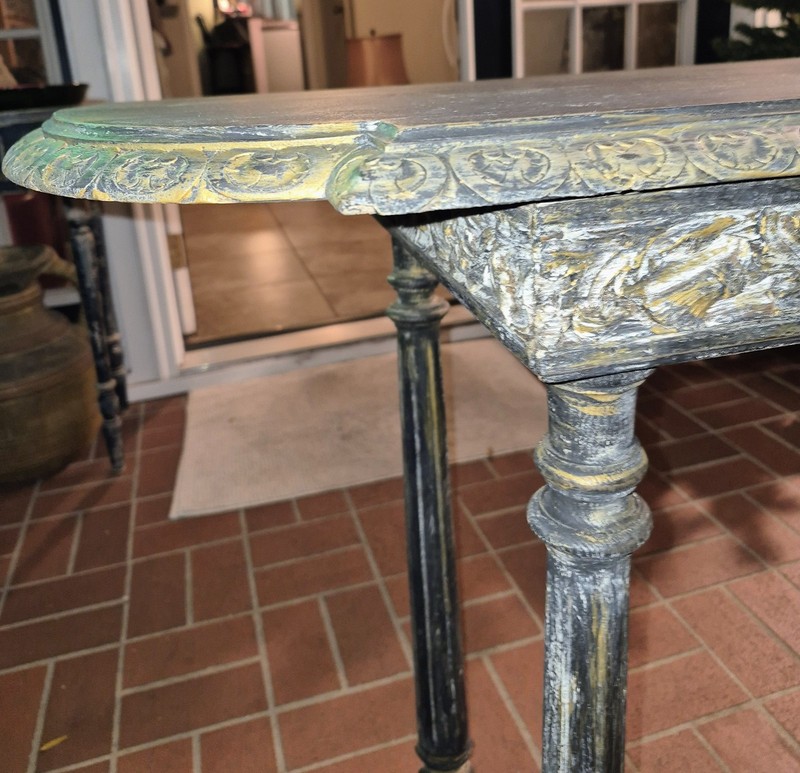Vintage Wood Antique Console Table Rustic Painted Handcarved Trim, Sides, Legs. gallery