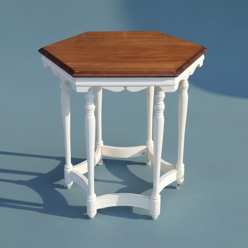 Antique Solid Wood/White Hexagon Parlor Table Ornate Architectural 28×25″ 30″ T