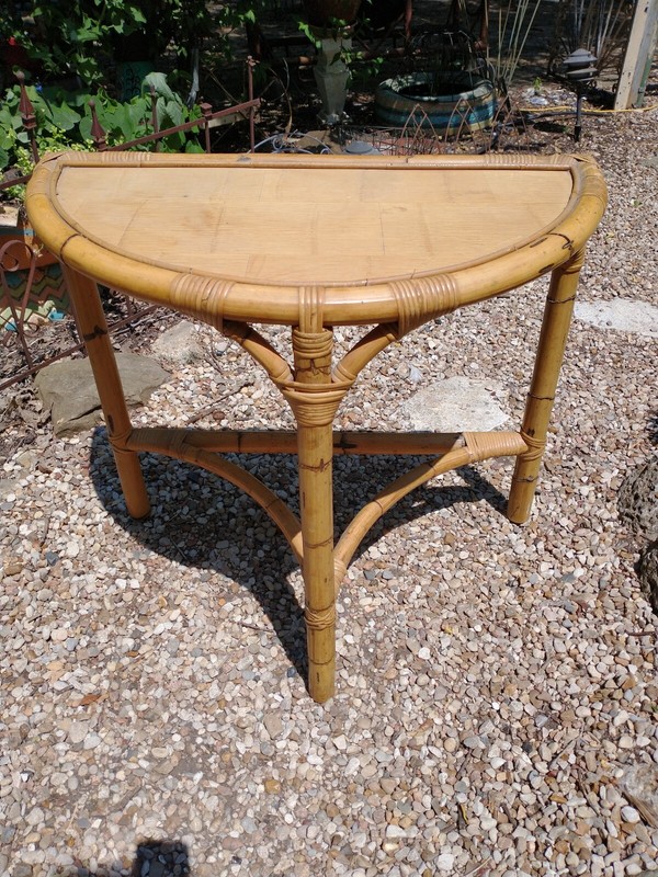 Vintage Mid Century Bamboo Boho Rattan Wicker Demilune Console Table
