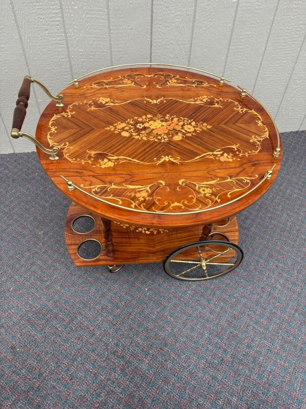 67588 Italian Inlaid Wood Tea Cart with Floral Marquetry and Brass Accents gallery
