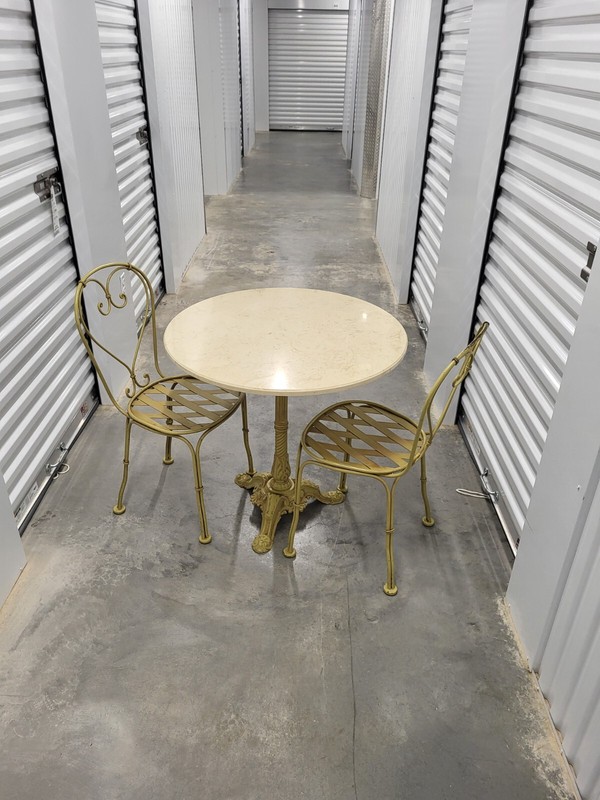 Vintage Cast Iron Table Base with Marble Top and Two Cast Iron Chairs Excellent