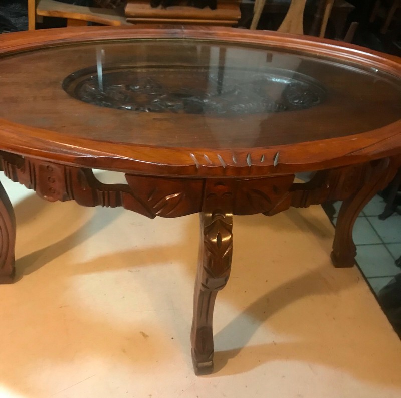 Carved Walnut Coffee Table with Glass Serving Tray (CT-137) gallery