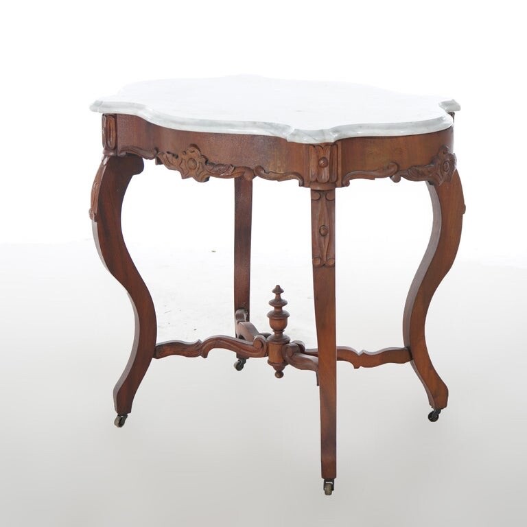 Antique Victorian Carved Walnut & Marble Turtle Top Parlor Table C1890 gallery