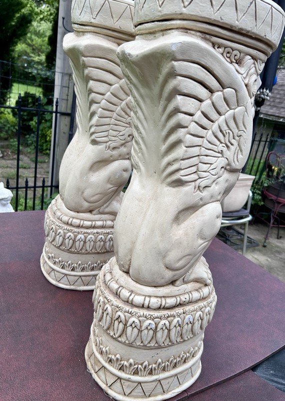 Vintage Winged Griffin Lion Pedestal Table Stand Pair Neoclassical White Columns gallery