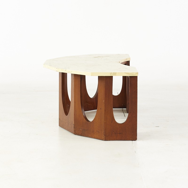 Harvey Probber Mid Century Walnut and Travertine Half Crescent Moon Coffee Table gallery