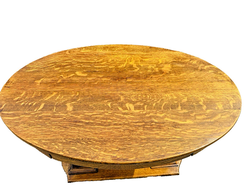 Beautiful Antique Quartersawn Tiger Oak Wood Oval Library Desk Pedestal Table gallery