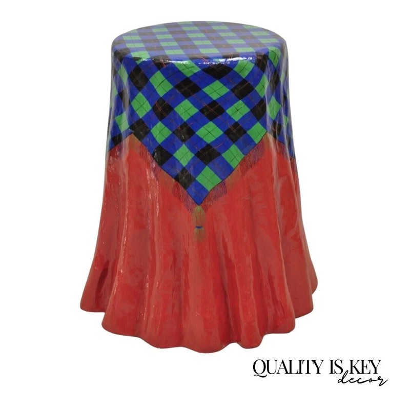 Vintage Paper Mache Red Blue Green Tartan Painted “Tablecloth” Drape Side Table