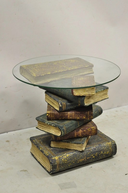 Vintage Regency Style Figural Faux Stacked Book Form Round Glass Top Side Table gallery