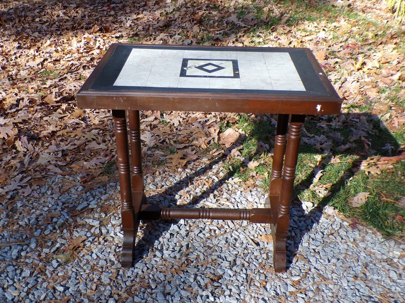 Antique Victorian Walnut Inlay Parlor Library Table Trestle Work Table