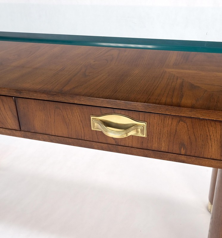 Heavy Solid Oak Cylinder Legs Brass Tips Hardware Two Drawers Console Table MINT gallery