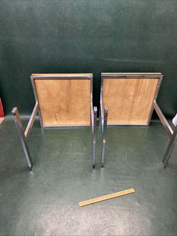 PAIR OF Mid Century Modern Side Chrome & Wood Top Tables 16" X 17" X 17" Tall gallery