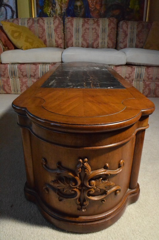 French Louis XV Victorian Style Carved Wood Marble Top Inlay Coffee Table Long gallery