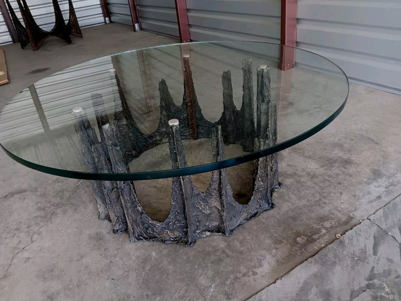 MCM BRUTALIST PAUL EVANS ABSTRACT BRONZE SCULPTURE BASE 42"GLASSTOP COFFEETABLE gallery