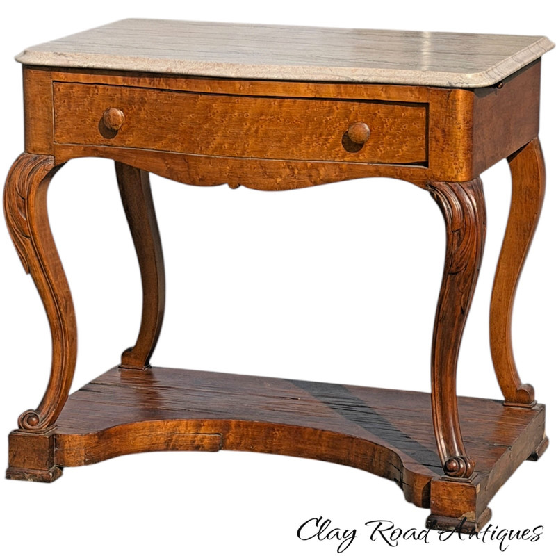 Antique Classical French empire console table marble top Birdseye maple 19th gallery