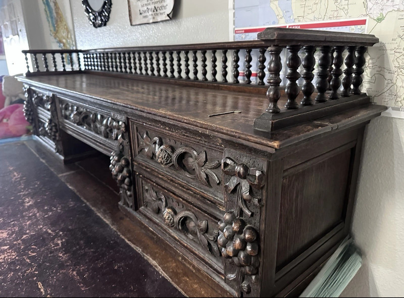 Antique 19thC French Renaissance Revival Carved Oak Pedestal Desk Bacchus LOCAL gallery