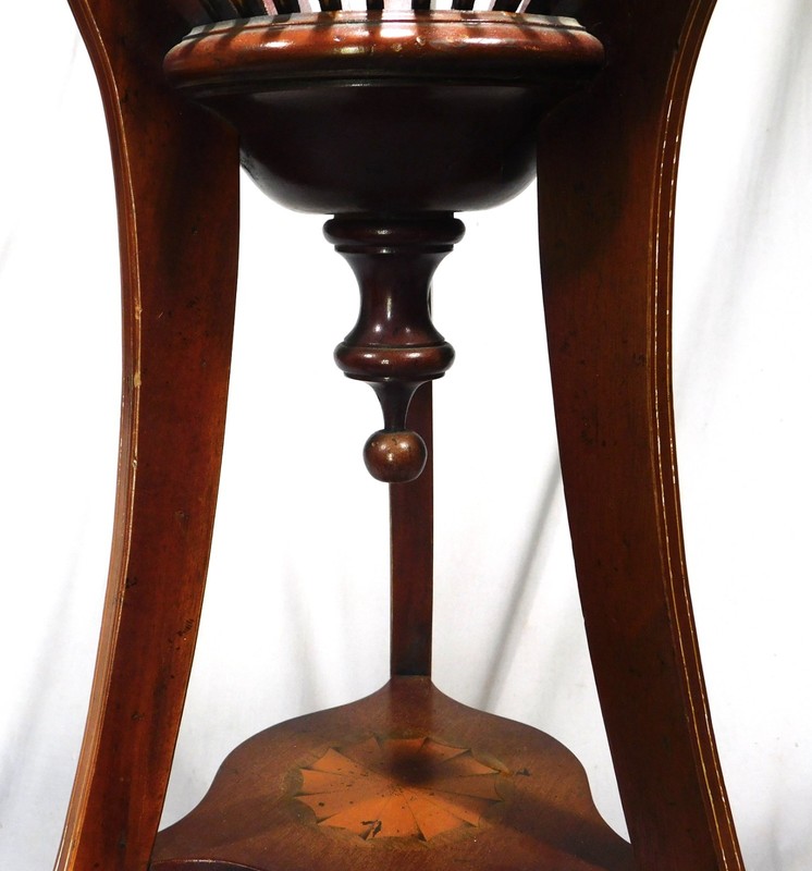 Antique Victorian Mahogany Jardiniere Stand Brass Lion Heads Inlaid tripod c1890 gallery