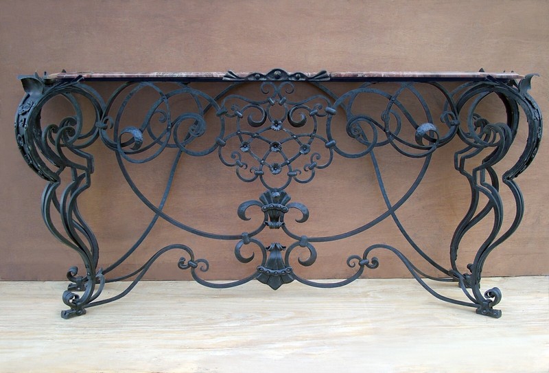  Custom wrought iron Victorian style console table with Italian marble top   gallery