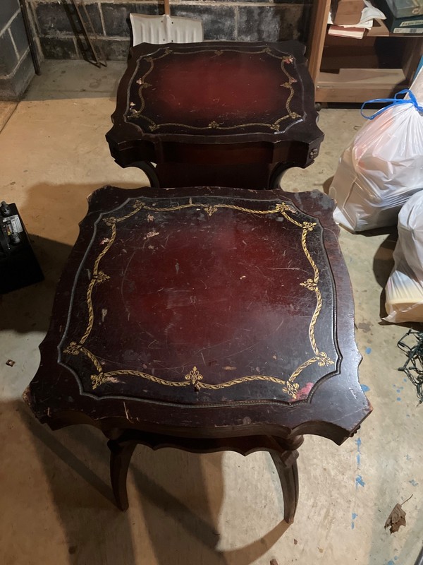 Rare Pair 1940s Mahogany Spider Leg Two Tier End Tables Gold Tooled Leather Tops gallery