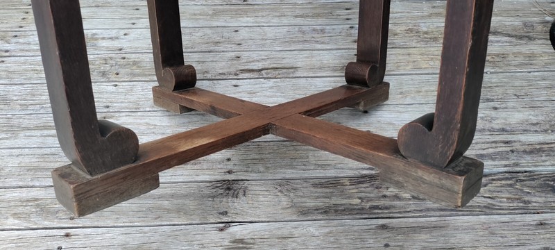 Antique Oak Arts and Crafts Mission Center Table with Scroll feet and X base gallery
