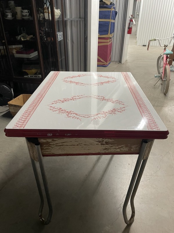 Antique Red And White Porcelain Enamel Extension Table