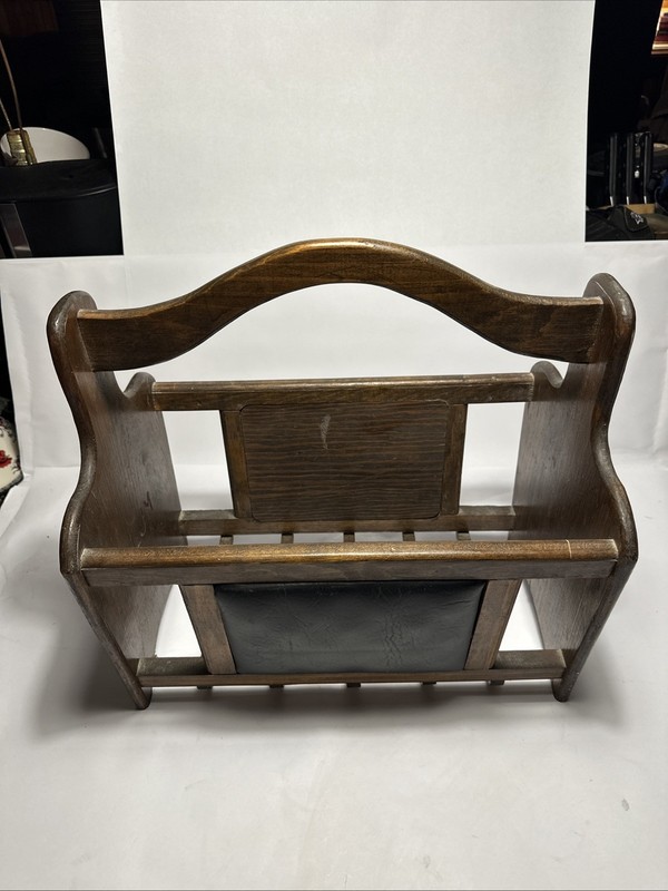 VINTAGE MAGAZINE RACK/STAND,DARK WOOD WITH LEATHER ,MID 1900’S, 17” LONG. 11” W