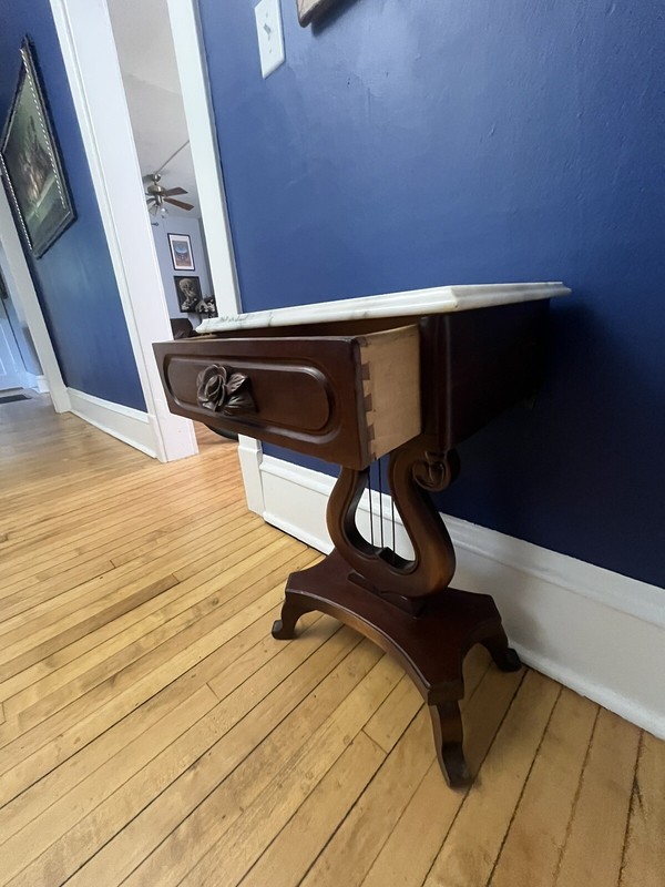 Hand Carved Mahogany Table, Italian Marble Top Circa 1940-1950 gallery
