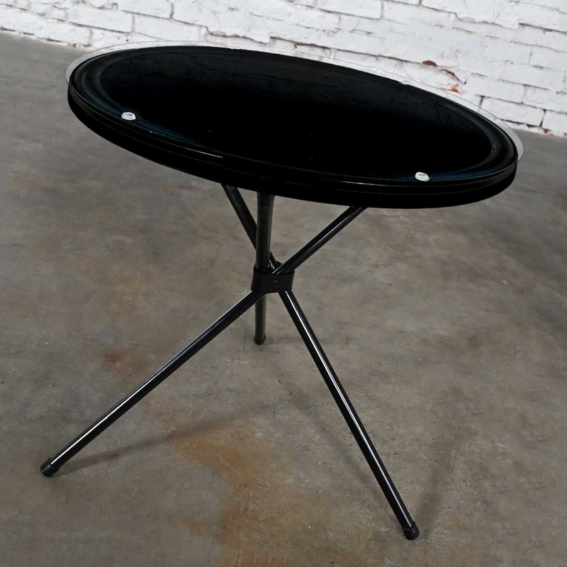 MCM Round Metal Outdoor Black Painted Tripod Accent Table with Glass Top gallery