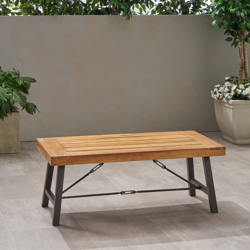 Outdoor Acacia Wood Coffee Table Teak Finish Rustic Metal Brown 27.25*45.75*18″