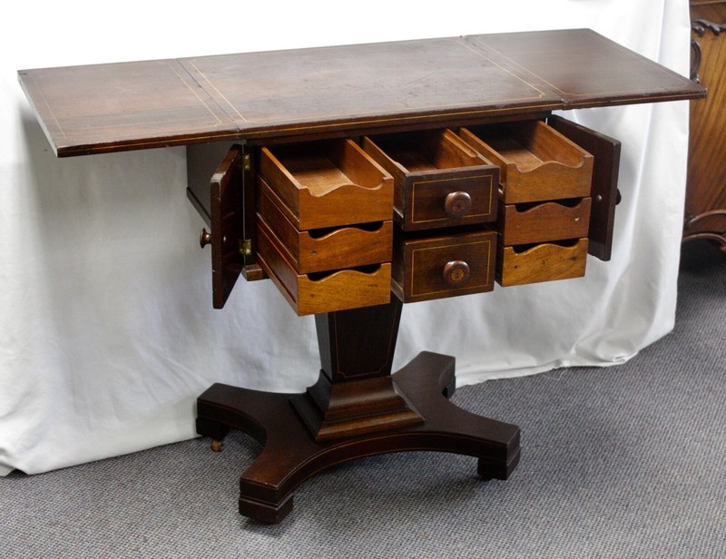 Antique Mahogany SEWING WORK SIDE TABLE.Drop-Leaf Sides. Inlaid Doors + Pulls. gallery