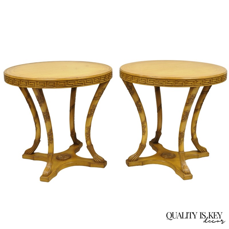 Vintage Italian Regency Round Leather Top Greek Key Carved Side Tables – a Pair