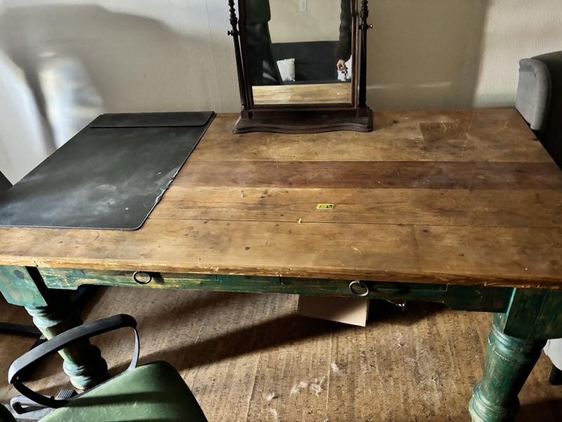 rustic 19th-century green table with natural wood top and distressed green paint