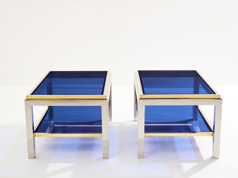Pair of Two-Tier brass chrome side tables Willy Rizzo Flaminia 1970s gallery
