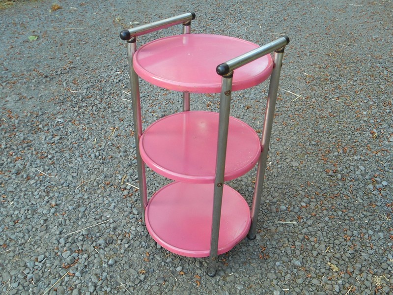 Mid Century Modern Pink & Chrome Serving Bar Cart Trolley 3 Tier Round Trays gallery