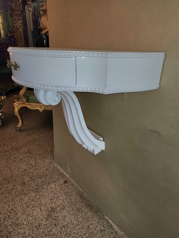 PAIR MID CENTURY MODERN Side Table or Consoles, Violin Scrolls Gloss White. gallery