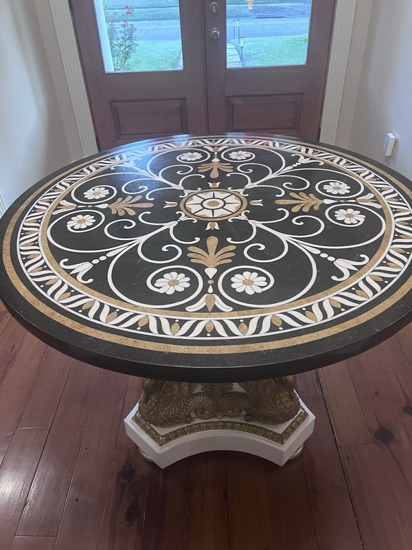 Impressive, round, inlaid, solid marble table on 4 large golden swans