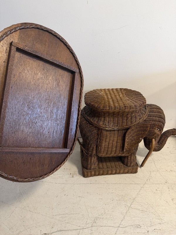Vintage Elephant Tray Table Natural Wicker Boho 1960s gallery