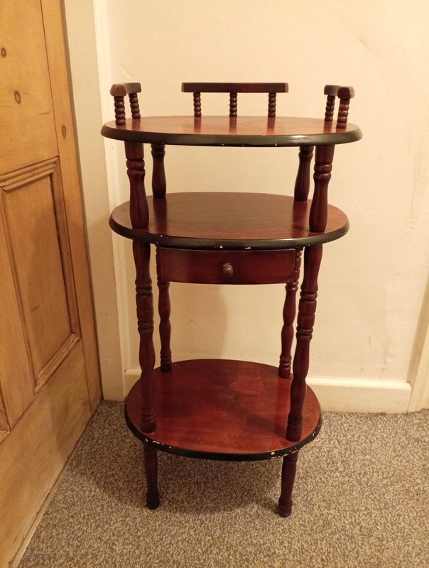 Vintage 19th Century Renaissance Style Wooden Etagere Table With 3 shelf drawer gallery