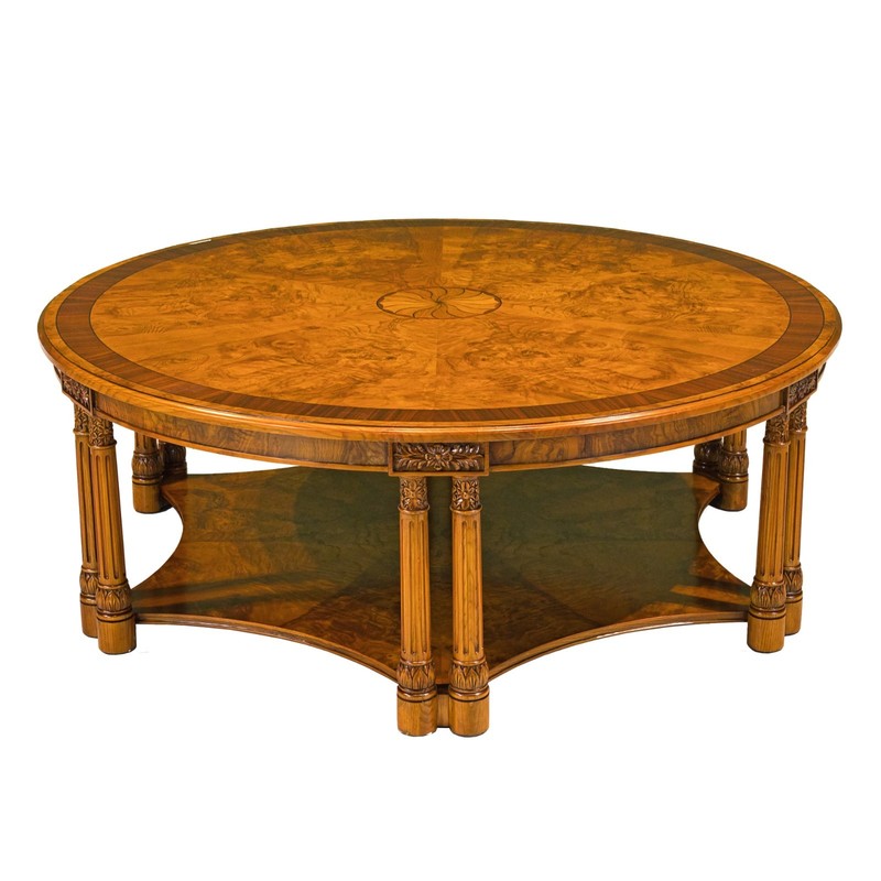 Large Round Ash wood Coffee table with fluted legs, lower shelf, all solid wood