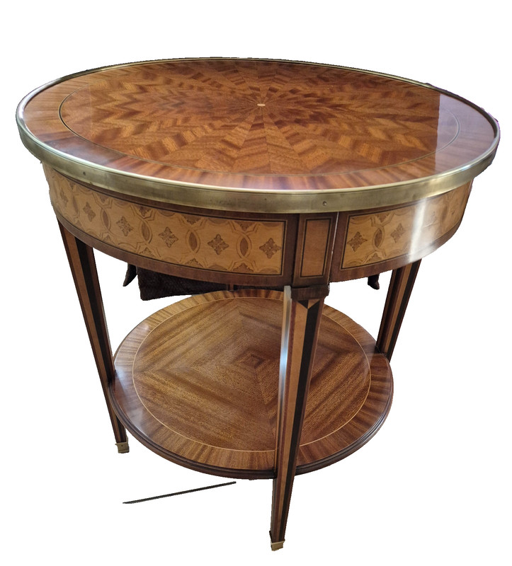 Vintage Louis XVI Side Table with Brass Gallery, Shelf & Swing drawer gallery