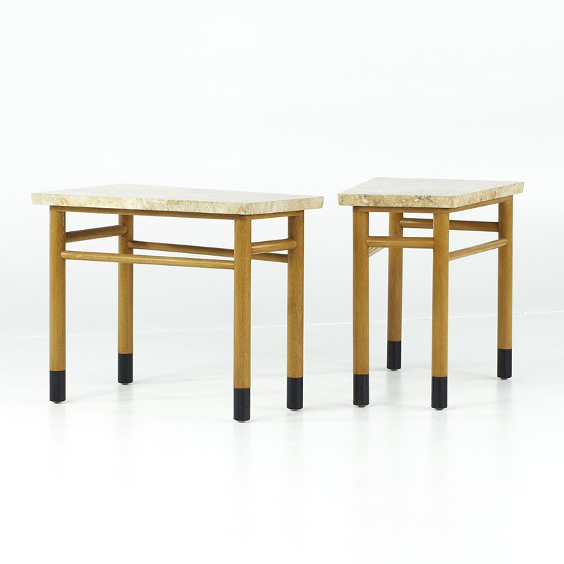 Edward Wormley for Dunbar Mid Century Travertine Wedge Tables - Pair gallery