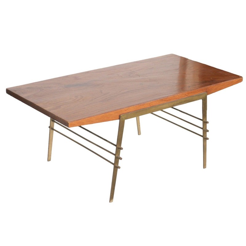 Mid Century Modernist Oak Coffee/Cocktail Table with Brass Architectural Base