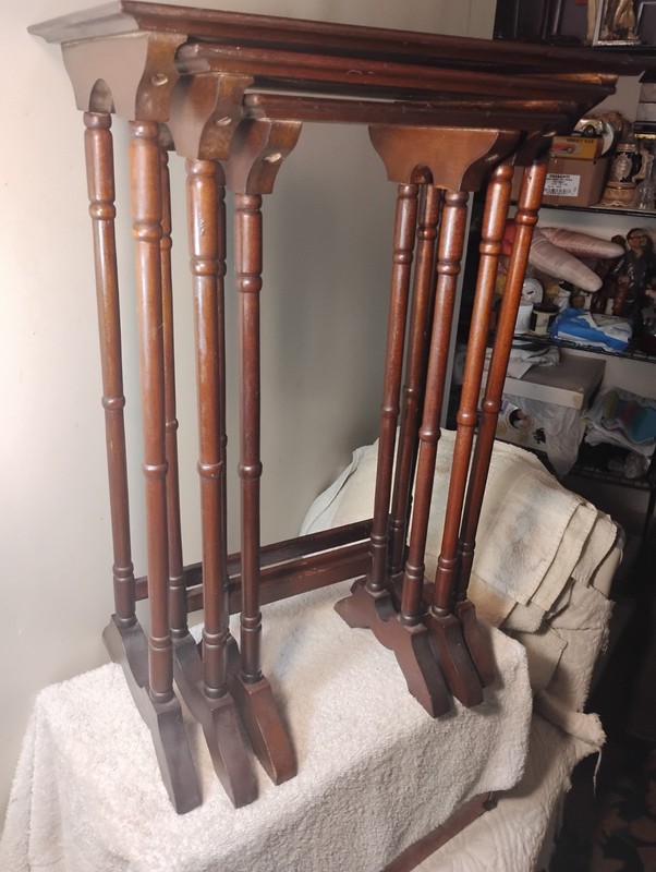 Antique Mahogany Inlaid Wood 3 Nesting Tables Orig Finish Lg Table 24"T 16"L 11" gallery