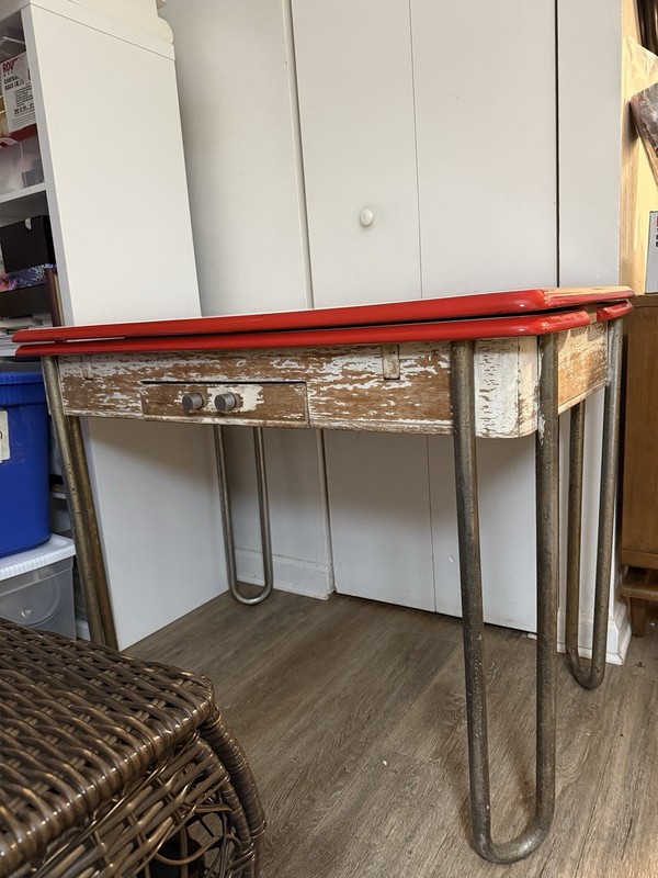 Vintage Porcelain Enamel Red And White Table With Retractable Wings gallery