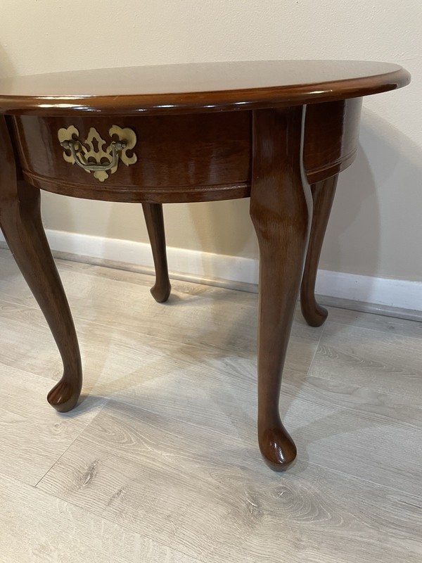 Vintage MCM Queen Anne Round Side End Table Wood Brass Accent Pull 24”W x 21”H gallery