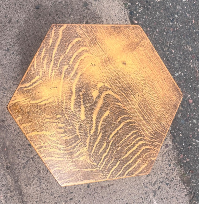 Antique 1910s Arts & Crafts Carved Oak Hexagon TABOURET Plant Stand Side Table gallery