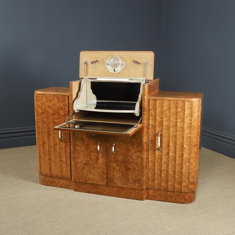 Antique English Art Deco Satinwood Cocktail & Drinks Cabinet Sideboard (c.1930) gallery