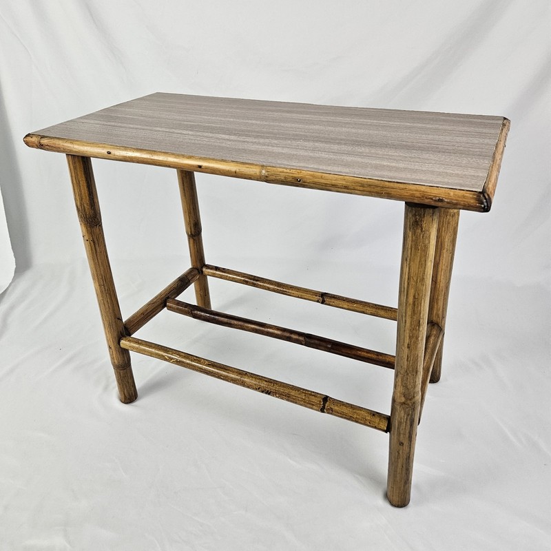 Vintage MCM Rattan End Table With Laminate Top Calif-Asian Boho Chic W/Shelf gallery
